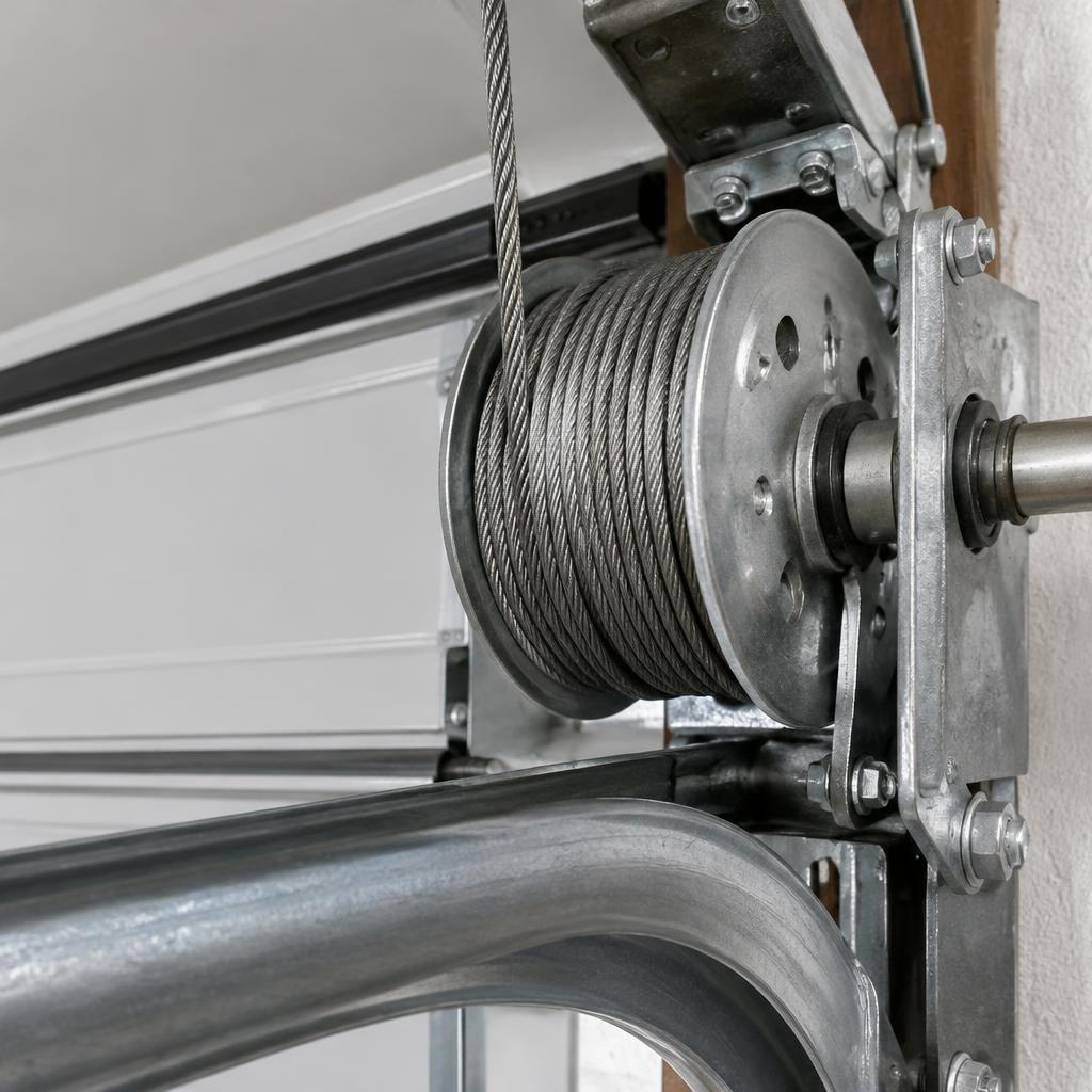 Close-up of steel lifting cable wound on a garage door cable drum