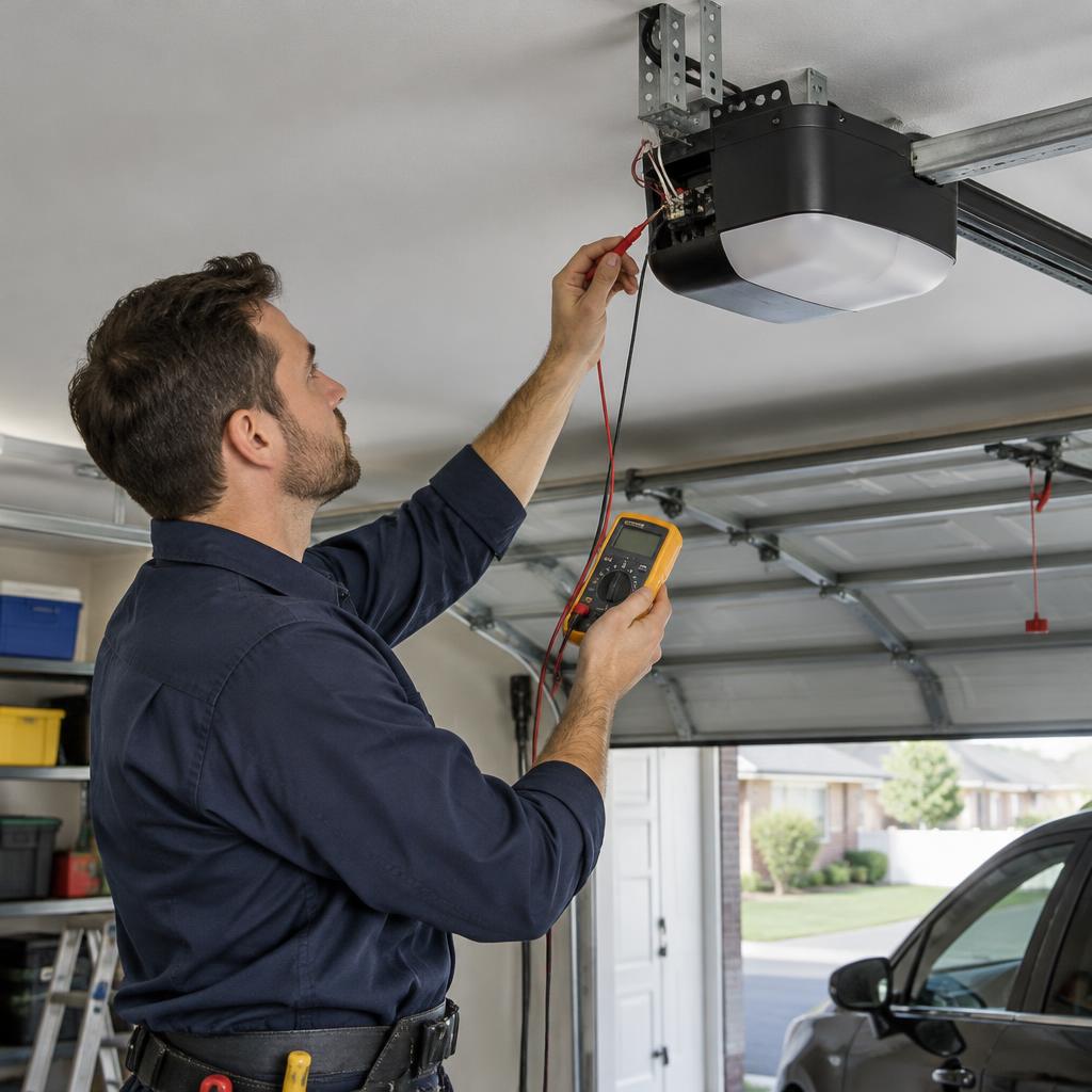 Technician testing a ceiling-mounted garage door opener motor