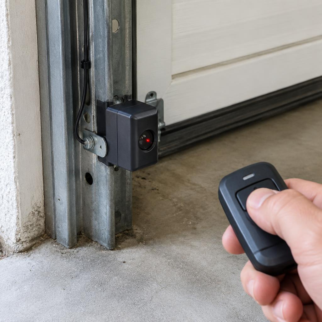 Garage door safety sensor photo eye with a remote control in hand