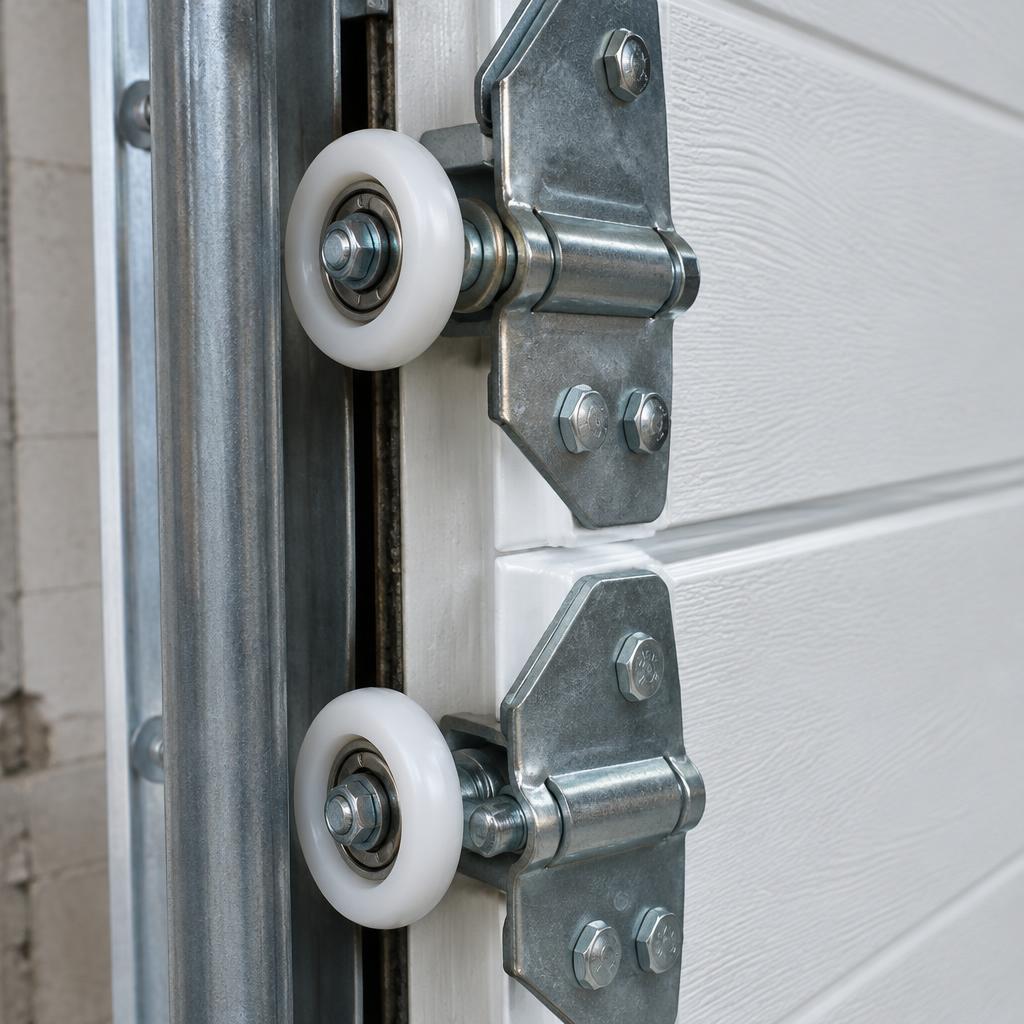 Close-up of nylon ball-bearing garage door rollers and steel hinges